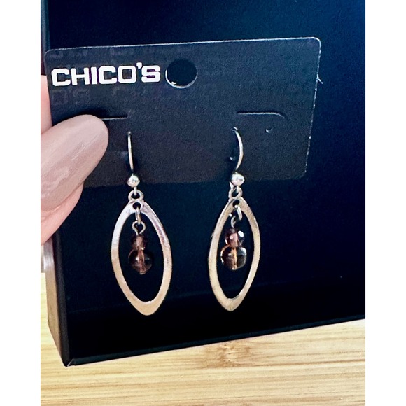 Chico's Jewelry - Chicos Lilybelle Silver Tone Oval Hoop Smoky Brown Beaded Drop Earrings NEW